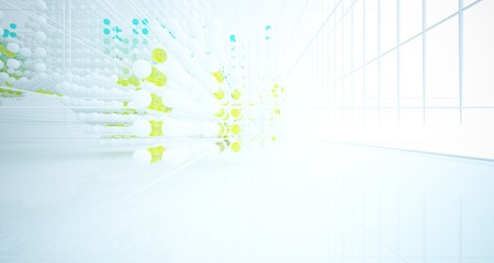 Abstract white and colored gradient glasses interior from array spheres with large window. 3D illustration and rendering.