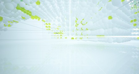 Abstract white and colored gradient glasses interior from array spheres with large window. 3D illustration and rendering.