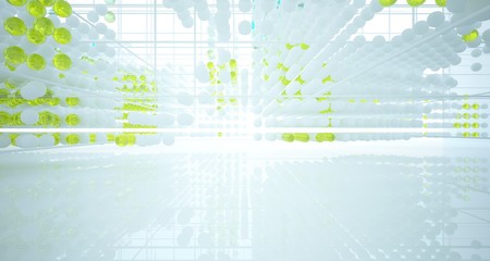 Abstract white and colored gradient glasses interior from array spheres with large window. 3D illustration and rendering.