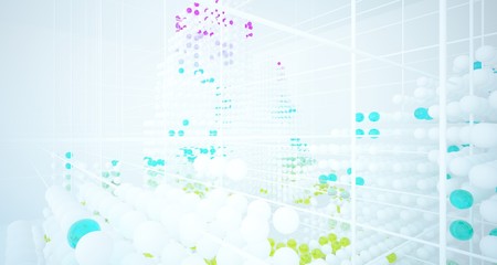 Obraz premium Abstract white and colored gradient glasses interior from array spheres with large window. 3D illustration and rendering.