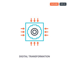 2 color digital transformation concept line vector icon. isolated two colored digital transformation outline icon with blue and red colors can be use for web, mobile. Stroke line eps 10.