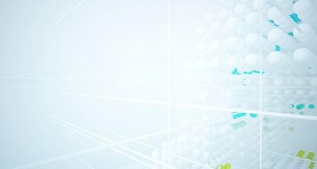 Abstract white and colored gradient glasses interior from array spheres with large window. 3D illustration and rendering.