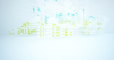 Abstract white and colored gradient glasses interior from array spheres with large window. 3D illustration and rendering.