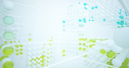 Obraz premium Abstract white and colored gradient glasses interior from array spheres with large window. 3D illustration and rendering.