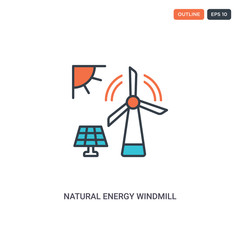 2 color natural energy windmill concept line vector icon. isolated two colored natural energy windmill outline icon with blue and red colors can be use for web, mobile. Stroke line eps 10.