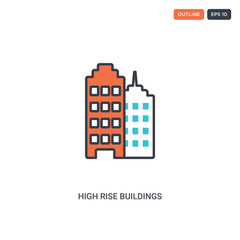 2 color high rise buildings concept line vector icon. isolated two colored high rise buildings outline icon with blue and red colors can be use for web, mobile. Stroke line eps 10.