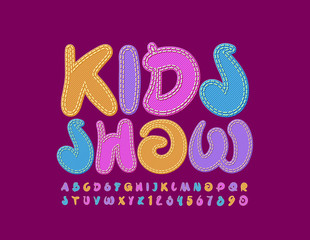 Vector bright poster Kids Show. Jeans colorful Font. Trendy textile Alphabet Letters and Numbers