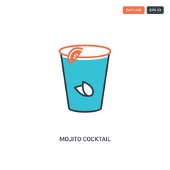 2 color Mojito cocktail with lime and mint concept line vector icon. isolated two colored Mojito cocktail with lime and mint outline icon with blue and red colors can be use for web, mobile. Stroke