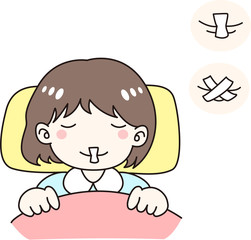 口にテープを貼って眠る女の子　口呼吸　口閉じ　乾燥　防止　矯正　テープ　睡眠　布団　夜　寝る