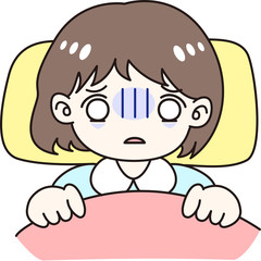 女の子　人物　不眠症　不安　ショック　風邪　体調不良　布団　悩み　夜　寝る