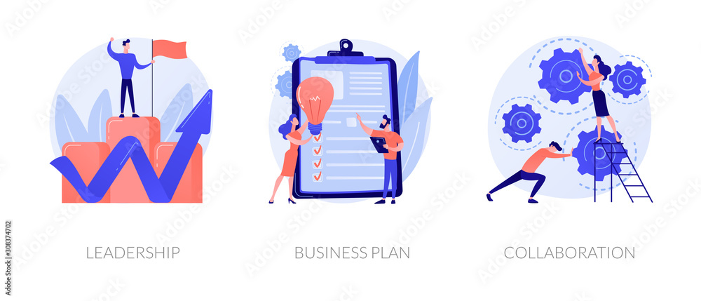 Poster business success basics icons set. company work principles, productivity guarantee. leadership, busi