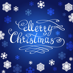 Merry Christmas text with snowflakes on the blue
