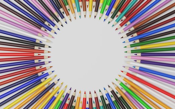 Random color pencils in circle on white background with copy space. Quality 3D render.