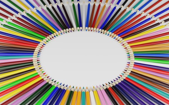 Random color pencils in circle on white background with copy space. Quality 3D render.