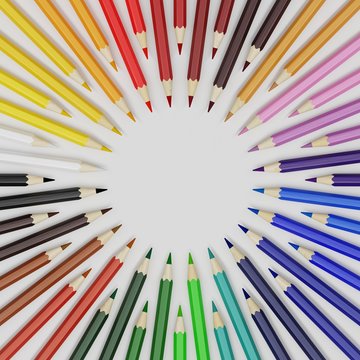 Colored pencils in circle on white background with copy space. Quality 3D render.