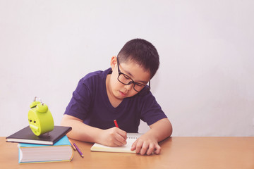 Asian boy writeing a book on table