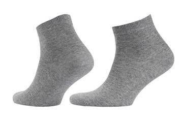 Blank grey  cotton medium socks on invisible foot isolated on white background as mock up for advertising, branding, design, front side, side view, template.