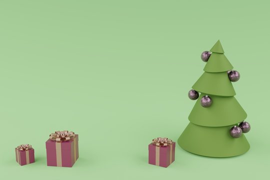Christmas tree with big decorations and 2 gift boxes. 3D rendered christmas minimal concept idea.