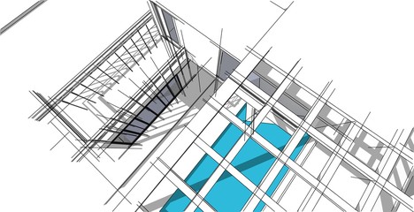 Architectural sketch line, Modern house design work free hands drawing, Blueprint construction, 3D illustration.