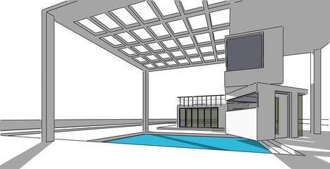 Architectural sketch line, Modern house design work free hands drawing, Blueprint construction, 3D illustration.