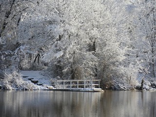 Winter morning enchantment under the woods with the trees covered by ice and snow by the pond, with a wooden dock