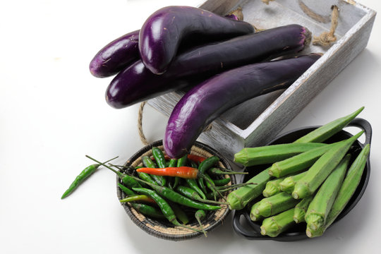 Indian vegetables of Tomatoes, carrots, Yams, Pointed gourd, Green chilies, ..Methi leaves, cilantro, and egg plants with copy space.