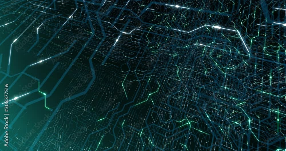 Poster 4k seamless loop of printed circuit board (pcb) in motion. artificial intelligence (ai), data mining