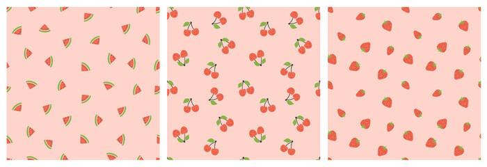 Estores personalizados com sua foto Kid's seamless pattern. Smiling watermelon, cherry and strawberry. Exotic fruit fashion print. Design elements for baby textile or clothes. Hand drawn doodle repeating delicacies. Tropical wallpaper