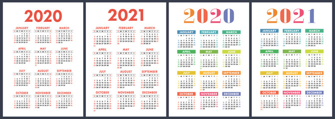 Calendar 2020, 2021 years. Colorful vector set. Week starts on Sunday. Vertical English calender design template