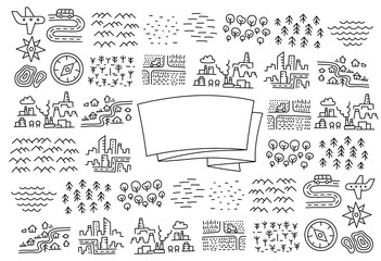 Map terrain set background. Travelers notes. Geographical area. Yearbook cover. Copy space. Hand drawn sketch vector black line contour. © Ilia