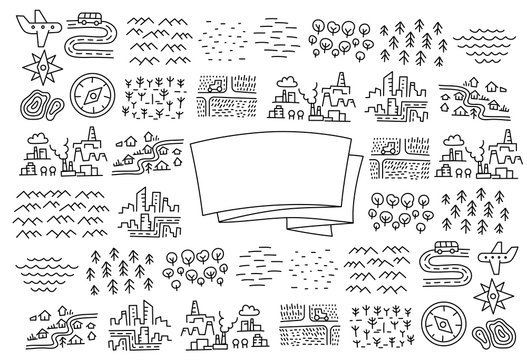 Map terrain set background. Travelers notes. Geographical area. Yearbook cover. Copy space. Hand drawn sketch vector black line contour.