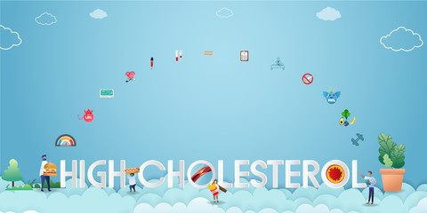 Naklejka premium High Cholesterol Blood Pressure Tiny People Character Concept. Suitable For Wallpaper, Banner, Background, Card, Book And Web Landing Page. Vector Illustration