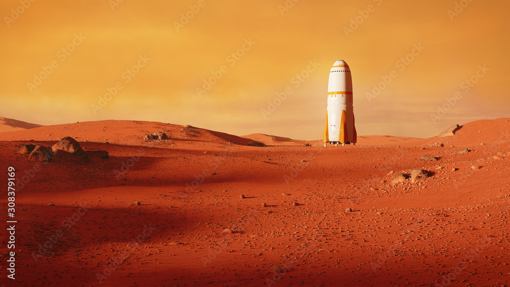 Canvas Prints landscape on planet mars, rocket landing on the red planet