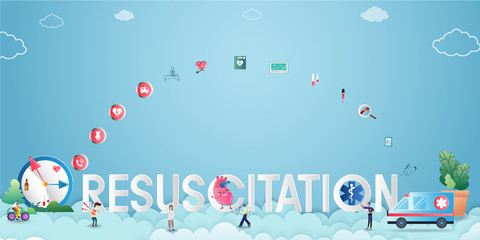 Resuscitation, emergency rescue team concept flat vector. Resuscitation ambulance, first aid concept for website and mobile website development, landing page, apps are presented. Vector Illustration