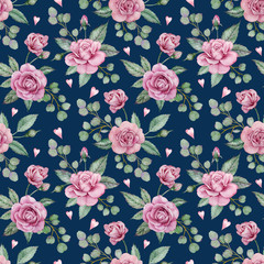 Seamless floral pattern with pink roses and green leaves of eucalyptus. Watercolor illustration.