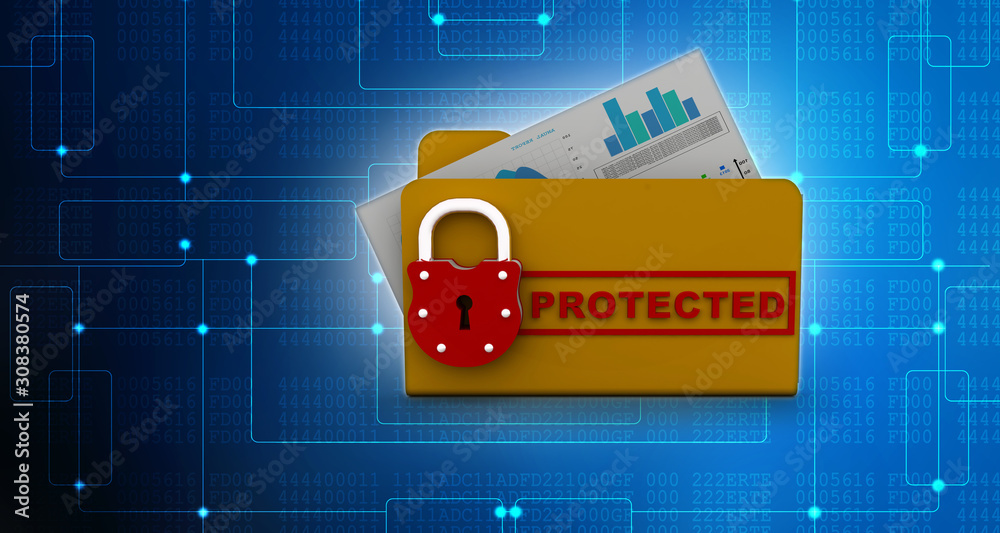 Poster yellow folder and lock. data security concept. 3d rendering