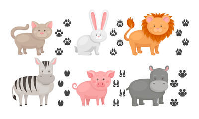 Cute Farm and Wild Animals and Their Paw Fingerprints Collection, Cat, Hare, Lion, Zebra, Pig, Hippo Vector Illustration
