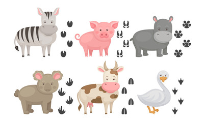 Fototapeta premium Cute Farm and Wild Animals and Their Paw Fingerprints Collection, Zebra, Pig, Hippo, Koala, Cow, Goose Vector Illustration
