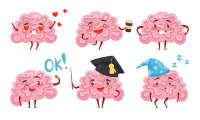 Collection of Human Brain Cartoon Character with Funny Face in Different Situations Vector Illustration
