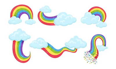 Meubelstickers Wolken Verzameling van heldere kleurrijke regenbogen van verschillende vormen met wolken vectorillustratie