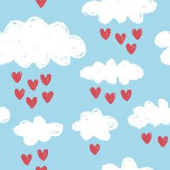 Clouds vector pattern with red hearts rain. Cute seamless background for Valentine's day. Сhalk drawing texture.