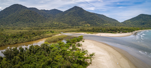 Aerial view along Green Coast shoreline with turquoise water, beach, river and green mountains, Brazil © Uwe Bergwitz