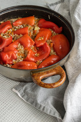 Ready for eat stuffed red peppers with minced meat, rice and vegetables