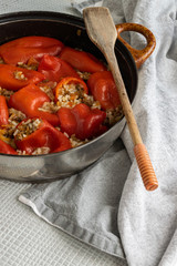 Ready for eat stuffed red peppers with minced meat, rice and vegetables