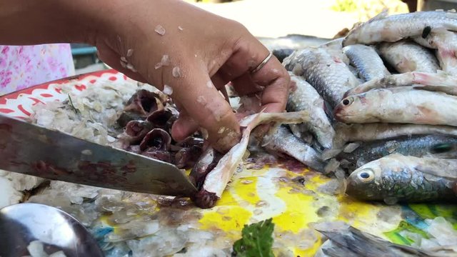 Hands cutting fish with sharp knife - stinky smell with flies in Asian market - Unhealthy dirty food bacteria contaminated, food poisonous risk