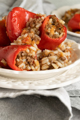 Ready for eat stuffed red peppers with minced meat, rice and vegetables