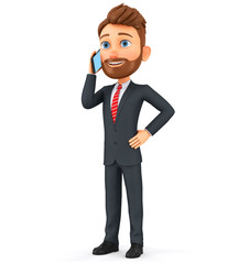 Cartoon character businessman speaks by mobile phone on a white background. 3d render illustration.