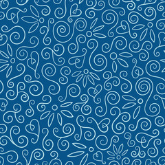 Vector doodle style swirls and heart seamless repeat pattern in classic blue and aqua.