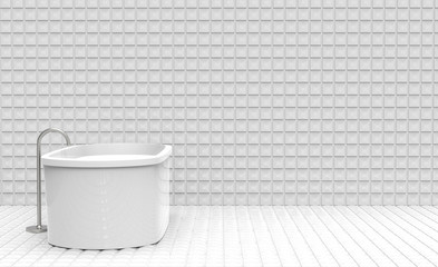 3d rendering. White bath tub square ceramic tiles room wall as background.