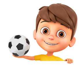 Cartoon character little boy holds a soccer ball on a white background. 3d render illustration.